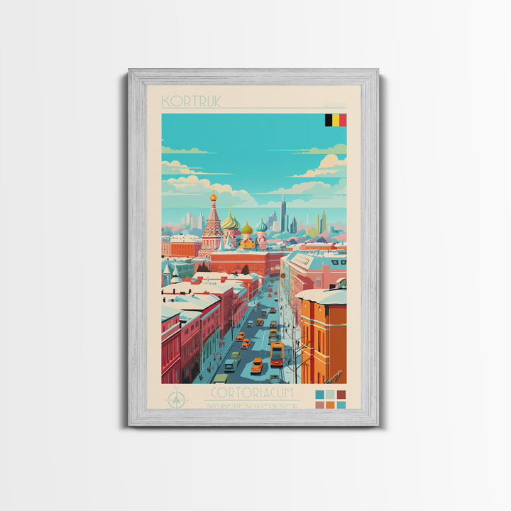 Kortrijk Belgium Travel Poster Framed Canvas Print, Midcentury Modern Art, Pop Art Wall Decor, Scenic Living Room Art, Bedroom Decor