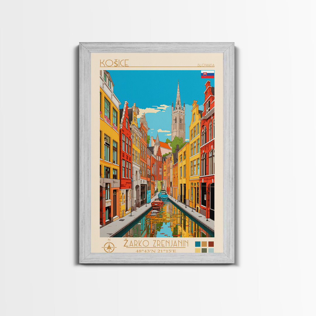 Košice Slovakia Travel Poster Framed Canvas Print, Midcentury Modern Art, Pop Art Wall Decor, Scenic Living Room Art, Bedroom Gift