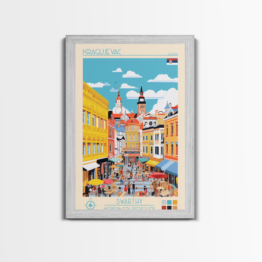 Kragujevac Serbia Travel Poster Framed Canvas Print, Midcentury Modern Art, Pop Art Wall Decor, Scenic Wall Art, Living Room Decoration, Office Art