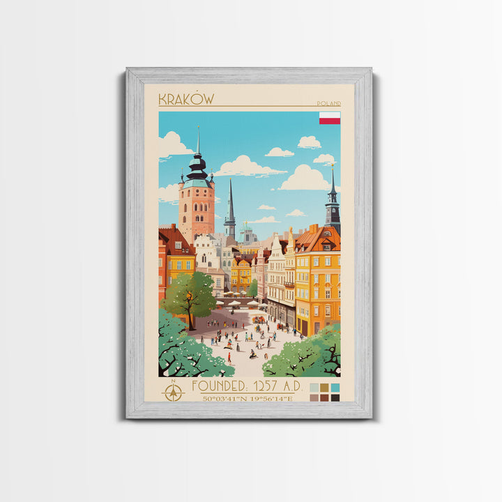 Kraków Poland Travel Poster Framed Canvas Print, Midcentury Modern Art, Pop Art Wall Decor, Home Decor, Vacation Gift, Bedroom Art