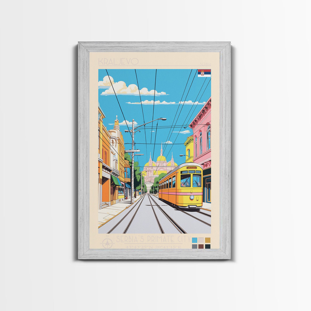 Kraljevo Serbia Travel Poster Framed Canvas Print, Midcentury Modern Art, Pop Art Wall Decor, Scenic Wall Art, Living Room Decoration, Office Gift