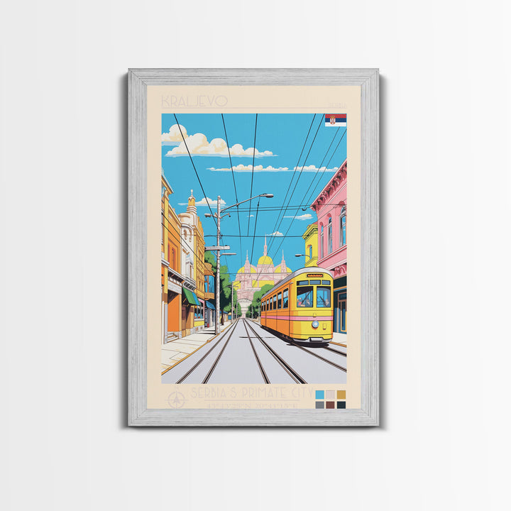 Kraljevo Serbia Travel Poster Framed Canvas Print, Midcentury Modern Art, Pop Art Wall Decor, Scenic Wall Art, Living Room Decoration, Office Gift