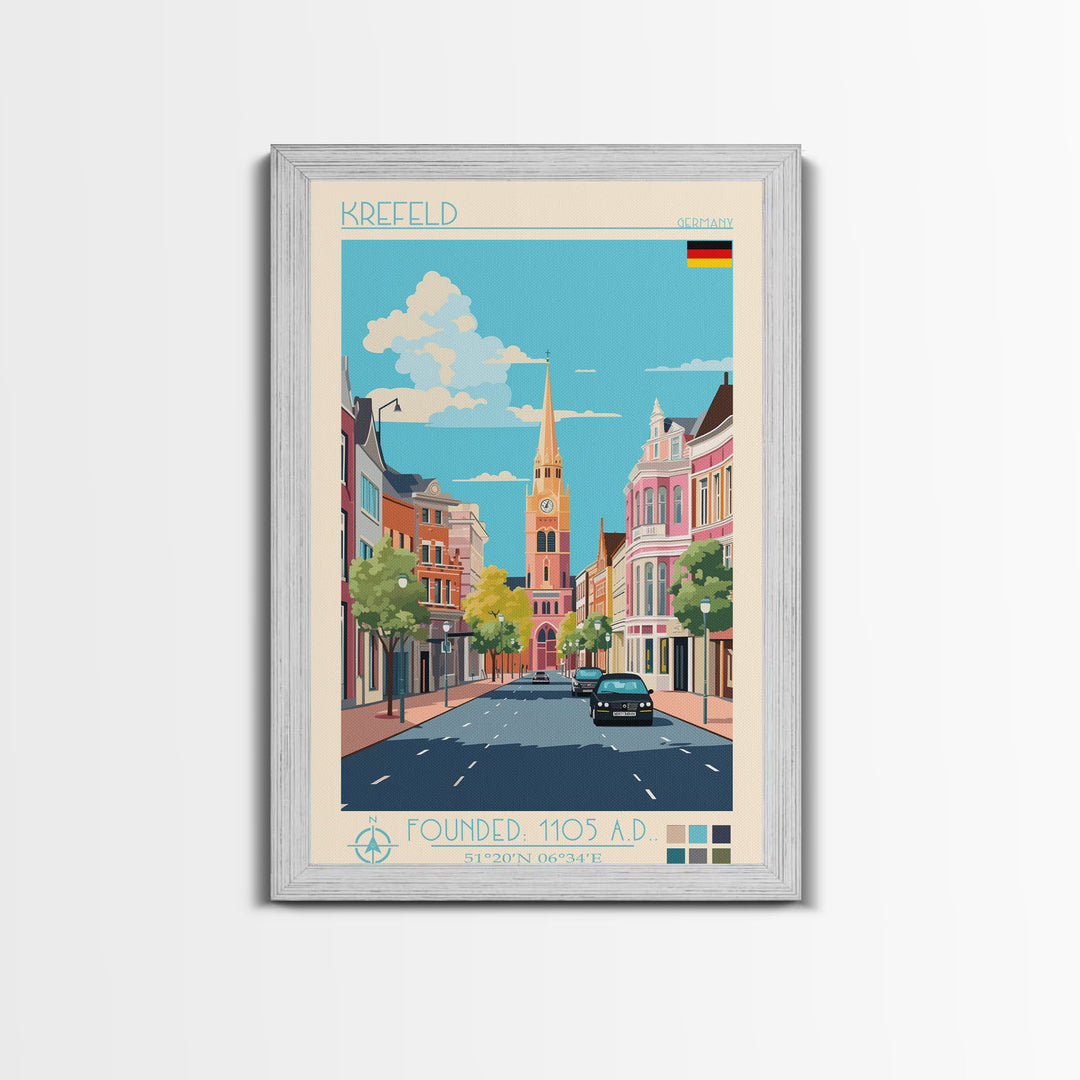 Krefeld Germany Travel Poster Framed Canvas Print, Midcentury Modern Art, Pop Art Wall Decor, Scenic Living Room Art, Bedroom Decor