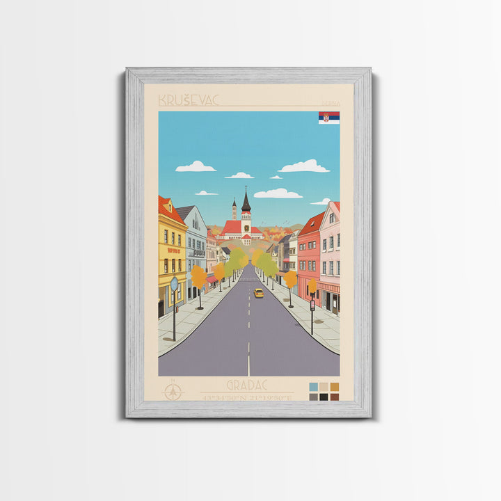 Kruševac Serbia Travel Poster Framed Canvas Print, Midcentury Modern Art, Pop Art Wall Decor, Scenic Living Room Art, Bedroom Gift