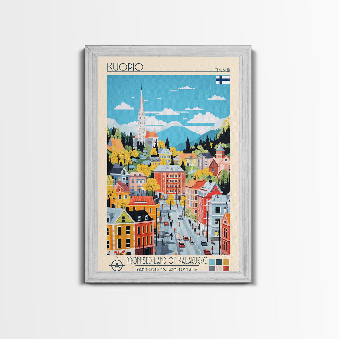 Kuopio Finland Travel Poster Framed Canvas Print, Midcentury Modern Art, Pop Art Wall Decor, Home Decor, Vacation Gift, Bedroom Art