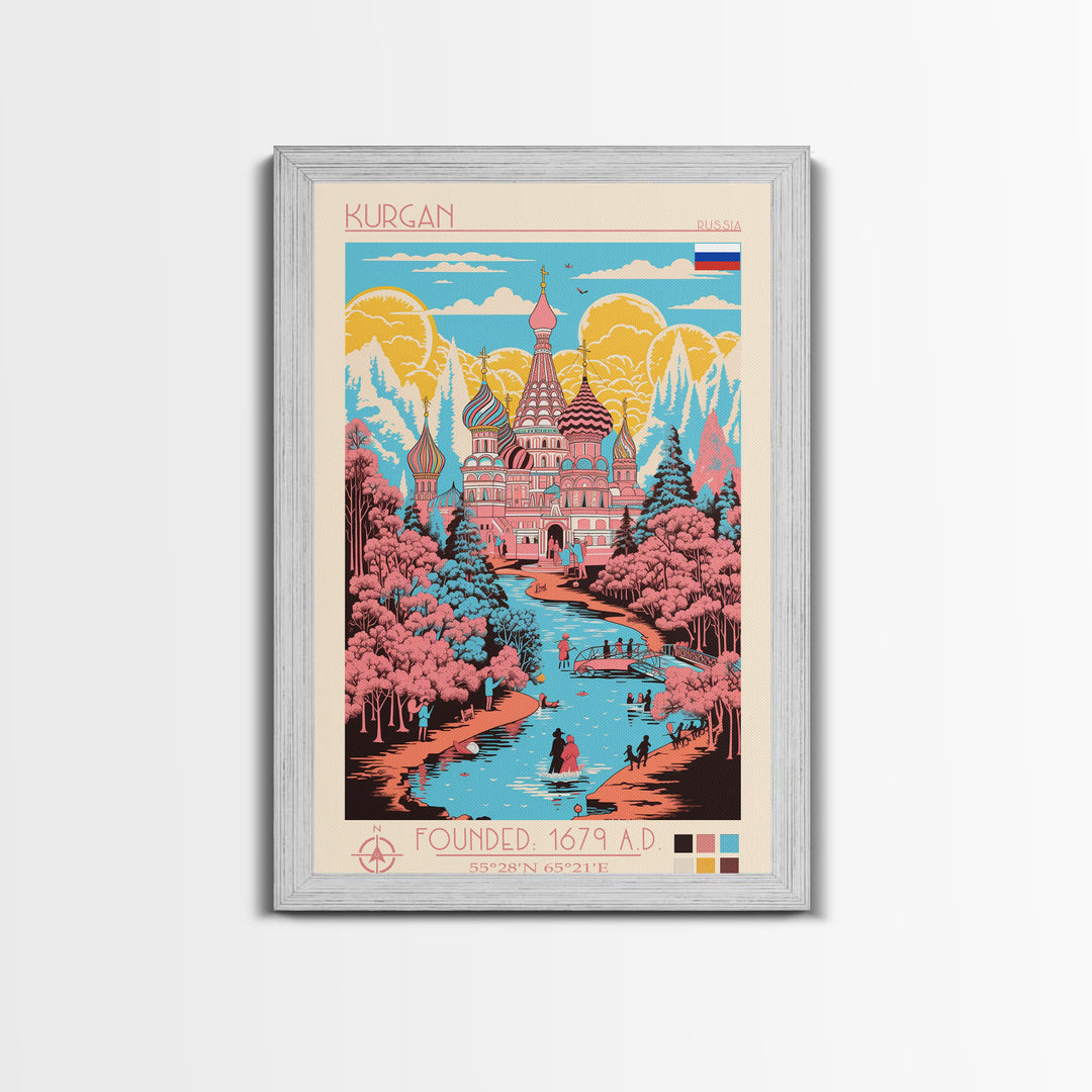 Kurgan Russia Travel Poster Framed Canvas Print, Midcentury Modern Art, Pop Art Wall Decor, Scenic Wall Art, Living Room Decoration, Office Gift