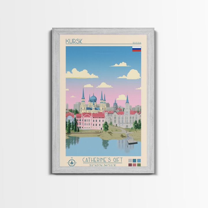 Kursk Russia Travel Poster Framed Canvas Print, Midcentury Modern Art, Pop Art Wall Decor, Scenic Bedroom Art, Office Decoration