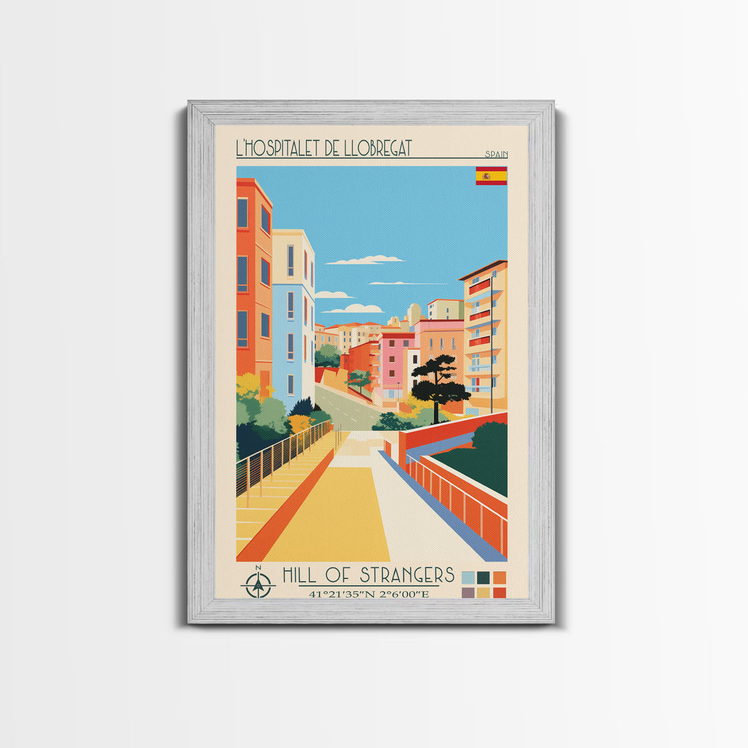 L'Hospitalet de Llobregat Spain Travel Poster Framed Canvas Print, Midcentury Modern Art, Pop Art Wall Decor, Home Decor, Vacation Gift, Office Art