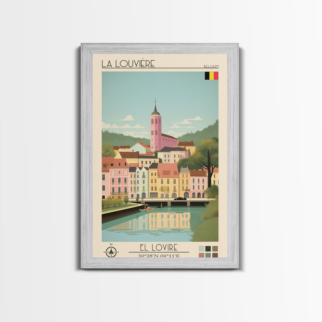 La Louvière Belgium Travel Poster Framed Canvas Print, Midcentury Modern Art, Pop Art Wall Decor, Scenic Living Room Art, Bedroom Gift