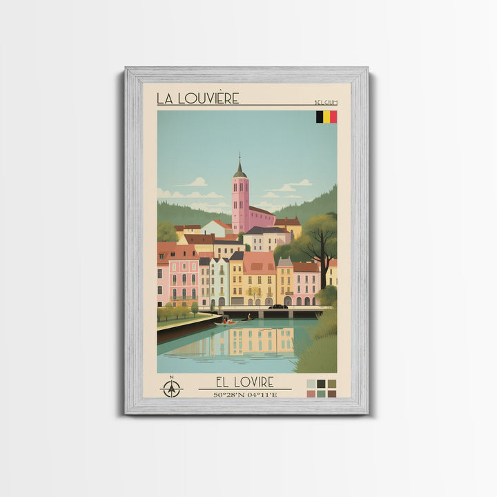 La Louvière Belgium Travel Poster Framed Canvas Print, Midcentury Modern Art, Pop Art Wall Decor, Scenic Living Room Art, Bedroom Gift