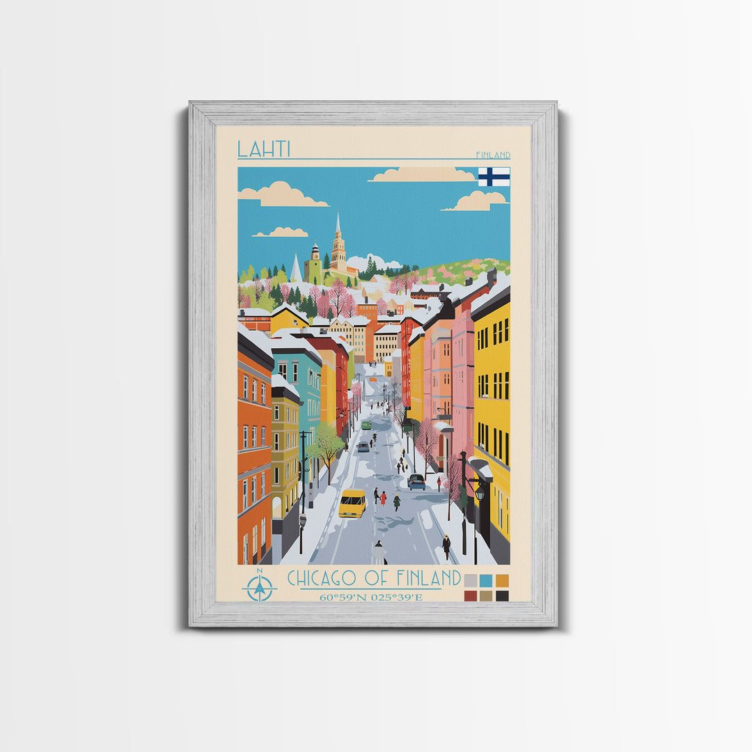 Lahti Finland Travel Poster Framed Canvas Print, Midcentury Modern Art, Pop Art Wall Decor, Scenic Wall Art, Living Room Decoration, Office Art