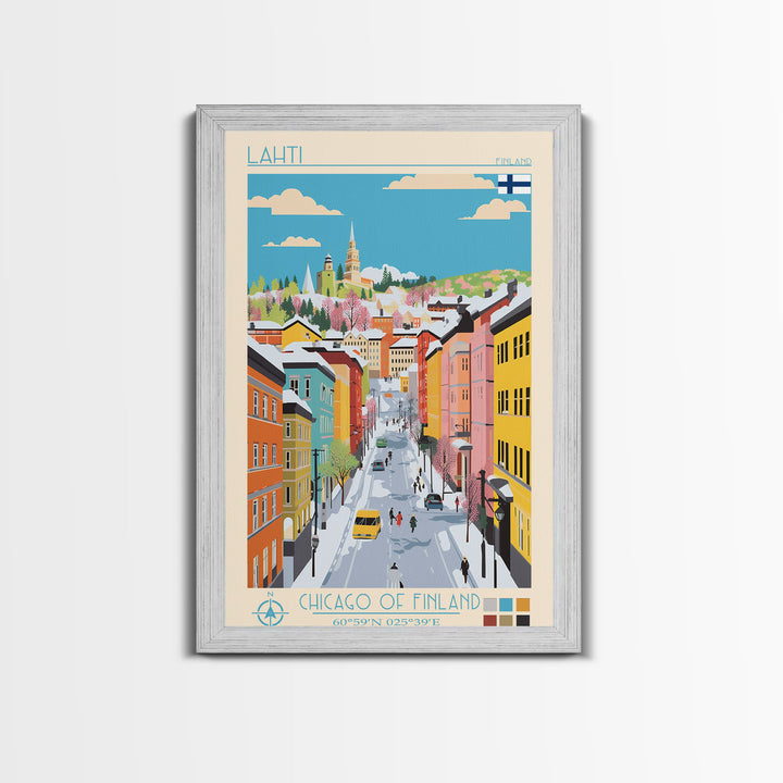 Lahti Finland Travel Poster Framed Canvas Print, Midcentury Modern Art, Pop Art Wall Decor, Scenic Wall Art, Living Room Decoration, Office Art