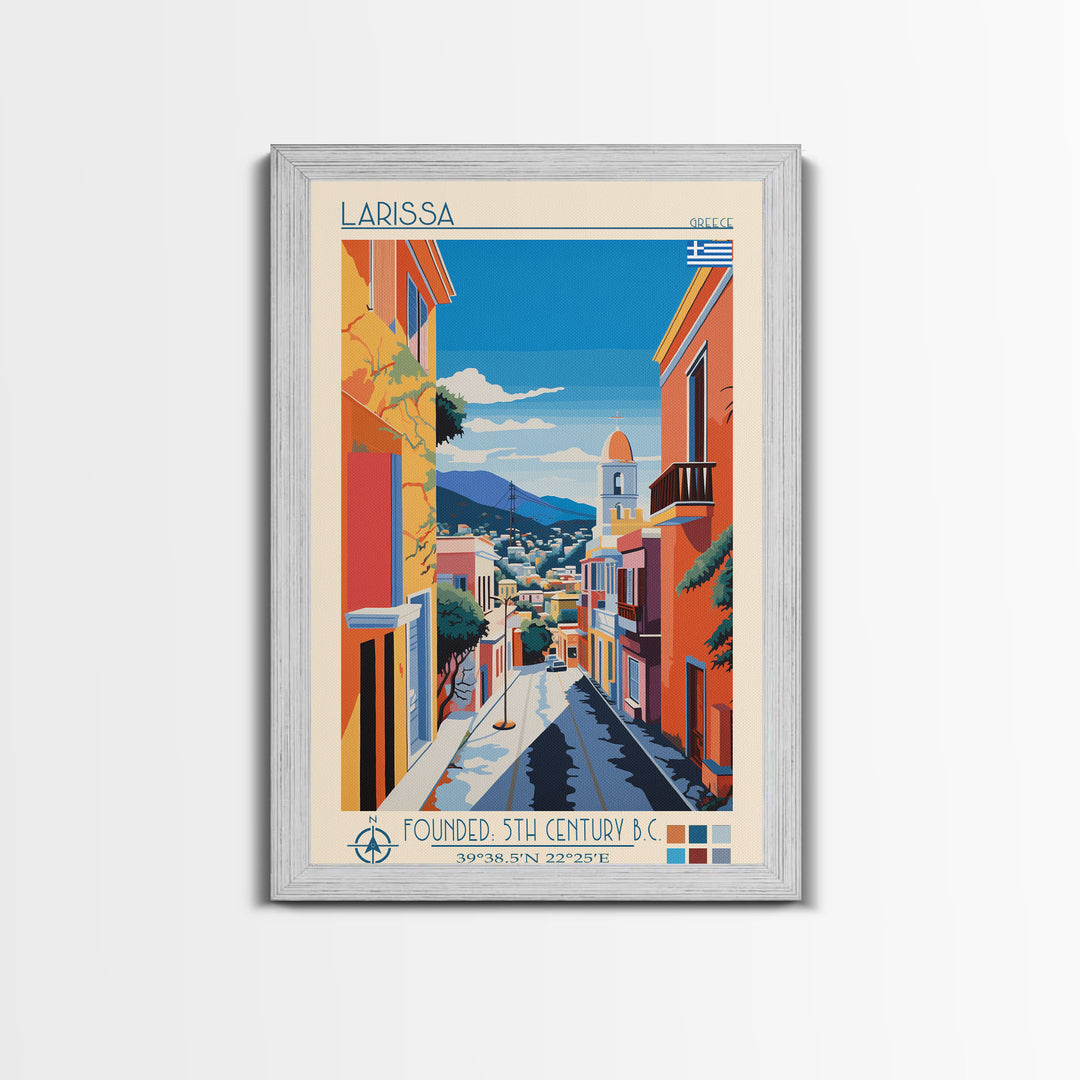 Larissa Greece Travel Poster Framed Canvas Print, Midcentury Modern Art, Pop Art Wall Decor, Scenic Wall Art, Living Room Decoration, Office Gift