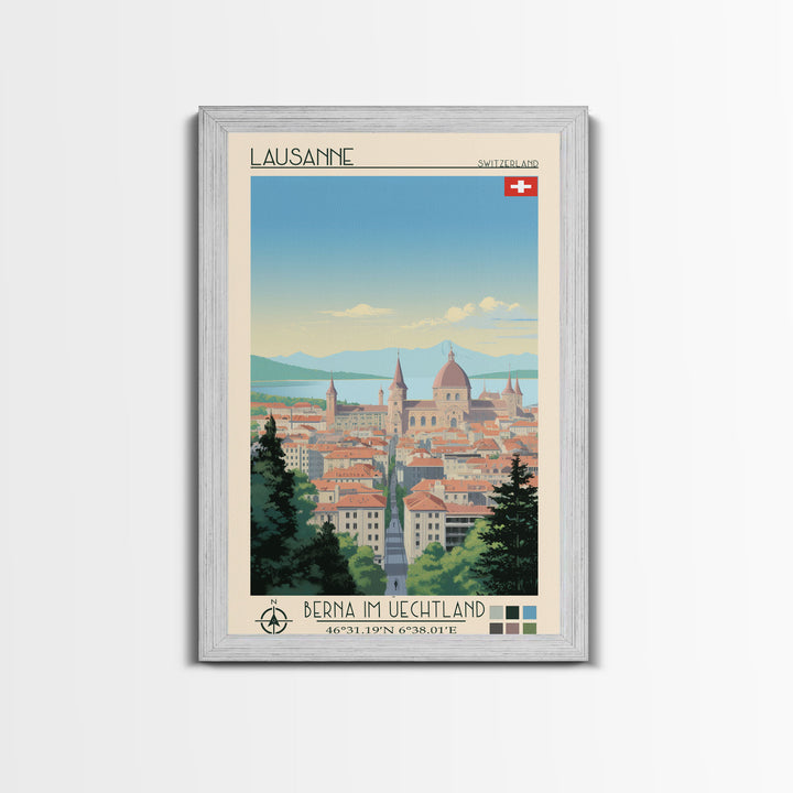 Lausanne Switzerland Travel Poster Framed Canvas Print, Midcentury Modern Art, Pop Art Wall Decor, Scenic Wall Art, Living Room Decoration, Office Art