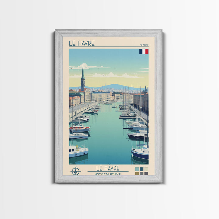 Le Havre France Travel Poster Framed Canvas Print, Midcentury Modern Art, Pop Art Wall Decor, Scenic Bedroom Art, Office Decoration