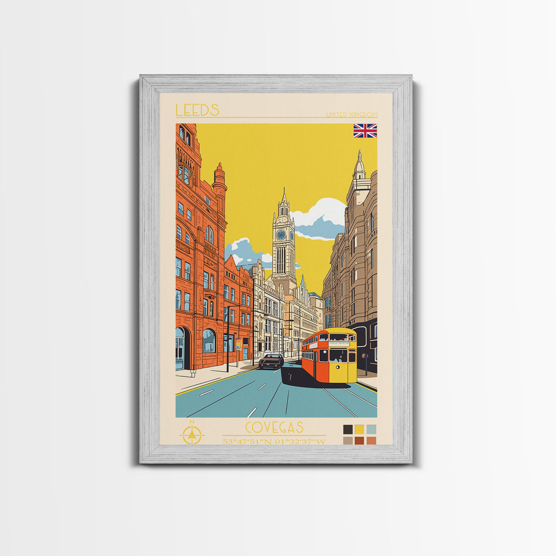 Leeds United Kingdom Travel Poster Framed Canvas Print, Midcentury Modern Art, Pop Art Wall Decor, Scenic Living Room Art, Bedroom Decor