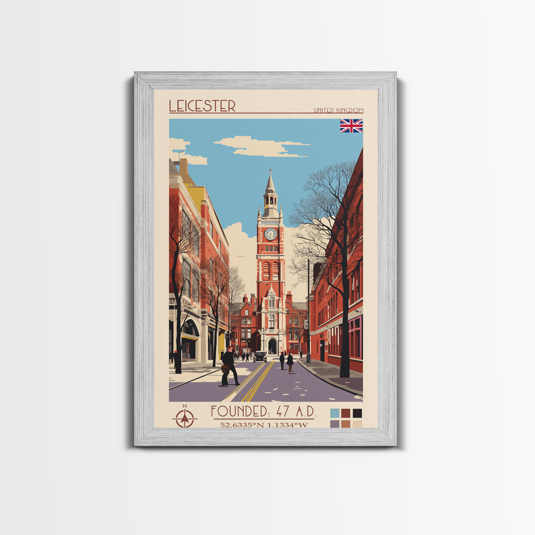 Leicester United Kingdom Travel Poster Framed Canvas Print, Midcentury Modern Art, Pop Art Wall Decor, Home Decor, Vacation Gift, Office Art