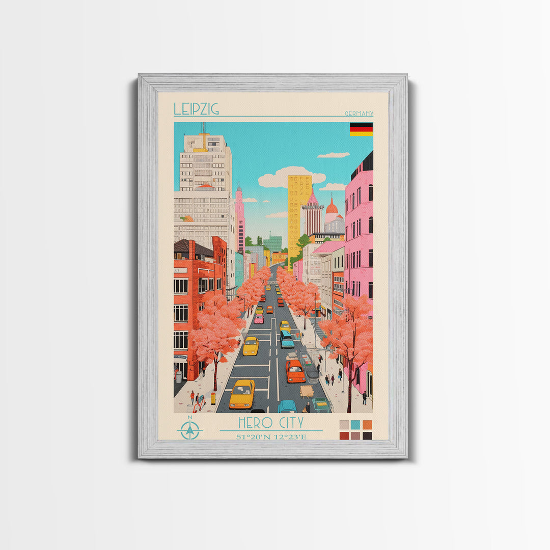Leipzig Germany Travel Poster Framed Canvas Print, Midcentury Modern Art, Pop Art Wall Decor, Scenic Living Room Art, Bedroom Gift