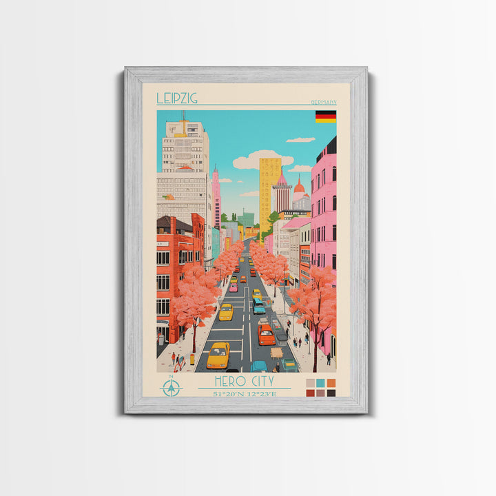 Leipzig Germany Travel Poster Framed Canvas Print, Midcentury Modern Art, Pop Art Wall Decor, Scenic Living Room Art, Bedroom Gift