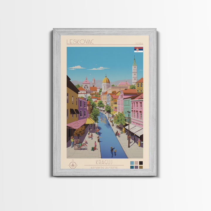 Leskovac Serbia Travel Poster Framed Canvas Print, Midcentury Modern Art, Pop Art Wall Decor, Scenic Wall Art, Living Room Decoration, Office Art