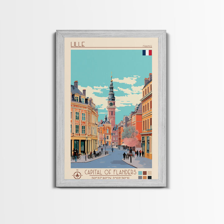 Lille France Travel Poster Framed Canvas Print, Midcentury Modern Art, Pop Art Wall Decor, Scenic Wall Art, Bedroom Decoration, Office Art