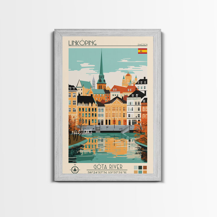Linköping Sweden Travel Poster Framed Canvas Print, Midcentury Modern Art, Pop Art Wall Decor, Scenic Art, Home and Office Decoration