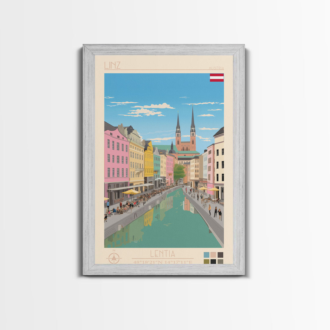 Linz Austria Travel Poster Framed Canvas Print, Wall Decor, Midcentury Modern Art, Pop Art, Scenic Art for Bedroom and Living Room