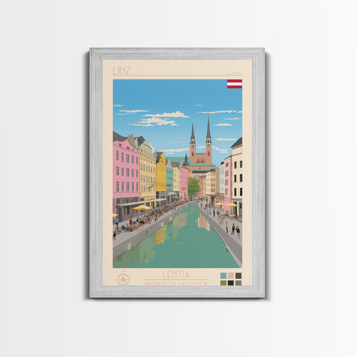 Linz Austria Travel Poster Framed Canvas Print, Wall Decor, Midcentury Modern Art, Pop Art, Scenic Art for Bedroom and Living Room