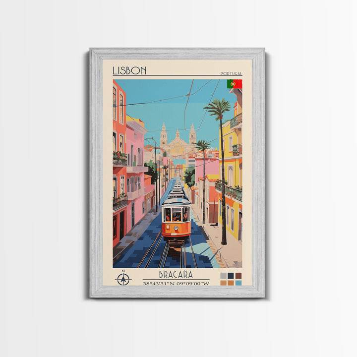 Lisbon Portugal Travel Poster Framed Canvas Print, Midcentury Modern Art, Pop Art Wall Decor, Scenic Art, Living Room and Office Gift