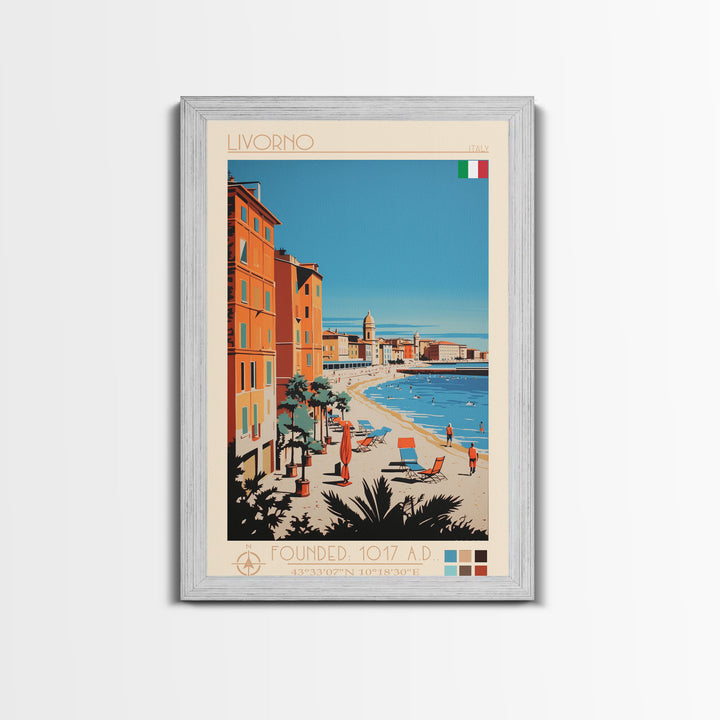 Livorno Italy Travel Poster Framed Canvas Print, Wall Decor, Midcentury Modern Art, Pop Art, Scenic Art for Bedroom and Office