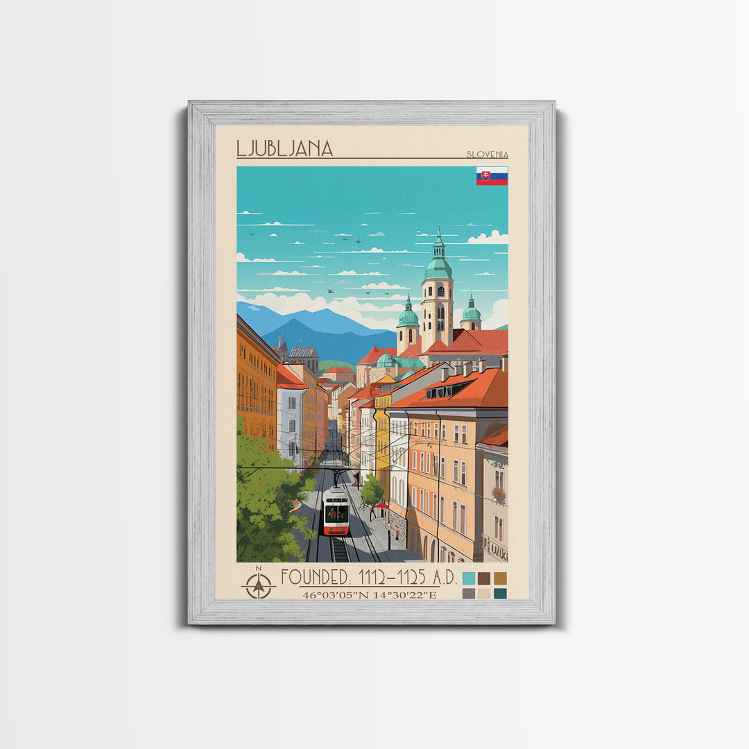 Ljubljana Slovenia Travel Poster Framed Canvas Print, Wall Decor, Midcentury Modern Art, Pop Art, Scenic Art for Bedroom and Living Room