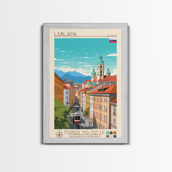 Ljubljana Slovenia Travel Poster Framed Canvas Print, Wall Decor, Midcentury Modern Art, Pop Art, Scenic Art for Bedroom and Living Room