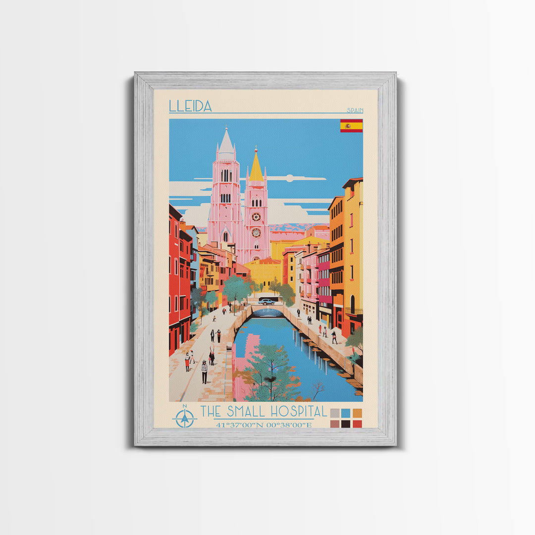 Lleida Spain Travel Poster Framed Canvas Print, Midcentury Modern Art, Pop Art Wall Decor, Scenic Art, Living Room and Office Gift