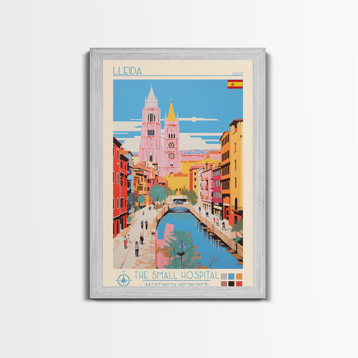 Lleida Spain Travel Poster Framed Canvas Print, Midcentury Modern Art, Pop Art Wall Decor, Scenic Art, Living Room and Office Gift
