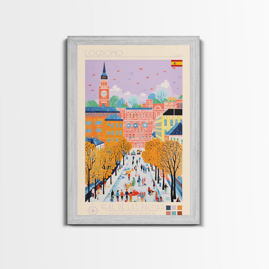 Logroño Spain Travel Poster Framed Canvas Print, Midcentury Modern Art, Pop Art Wall Decor, Scenic Art, Bedroom and Living Room Decor