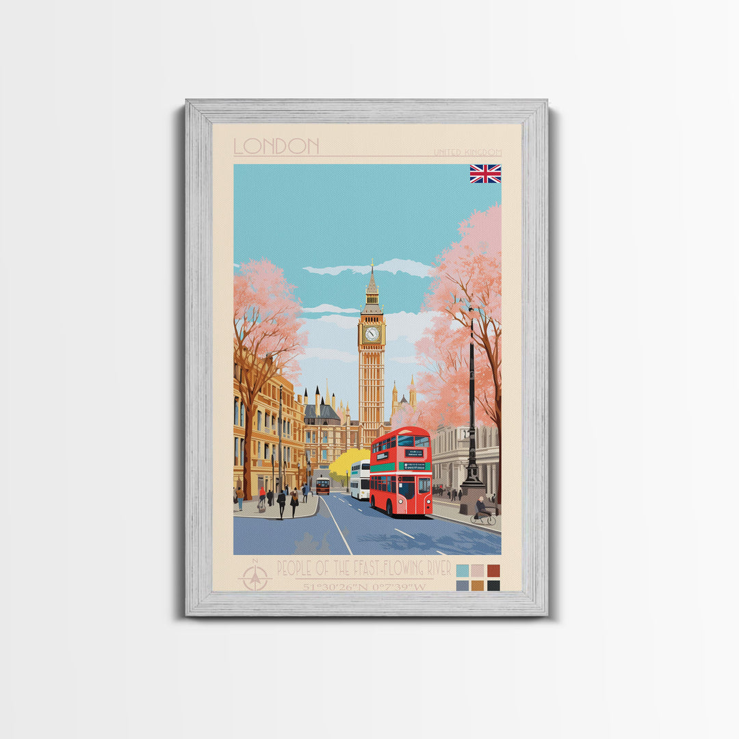 London United Kingdom Travel Poster Framed Canvas Print, Wall Decor, Midcentury Modern Art, Pop Art, Scenic Art for Office and Home