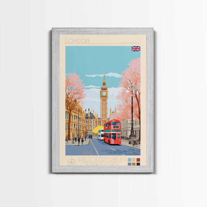 London United Kingdom Travel Poster Framed Canvas Print, Wall Decor, Midcentury Modern Art, Pop Art, Scenic Art for Office and Home