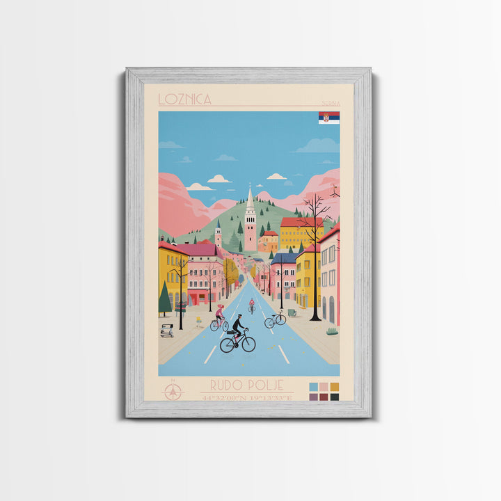 Loznica Serbia Travel Poster Framed Canvas Print, Midcentury Modern Art, Pop Art Wall Decor, Scenic Art, Home and Office Decoration