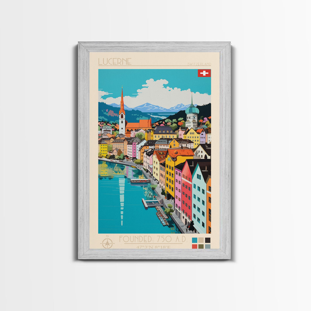 Lucerne Switzerland Travel Poster Framed Canvas Print, Midcentury Modern Art, Pop Art Wall Decor, Scenic Art, Living Room and Office Gift