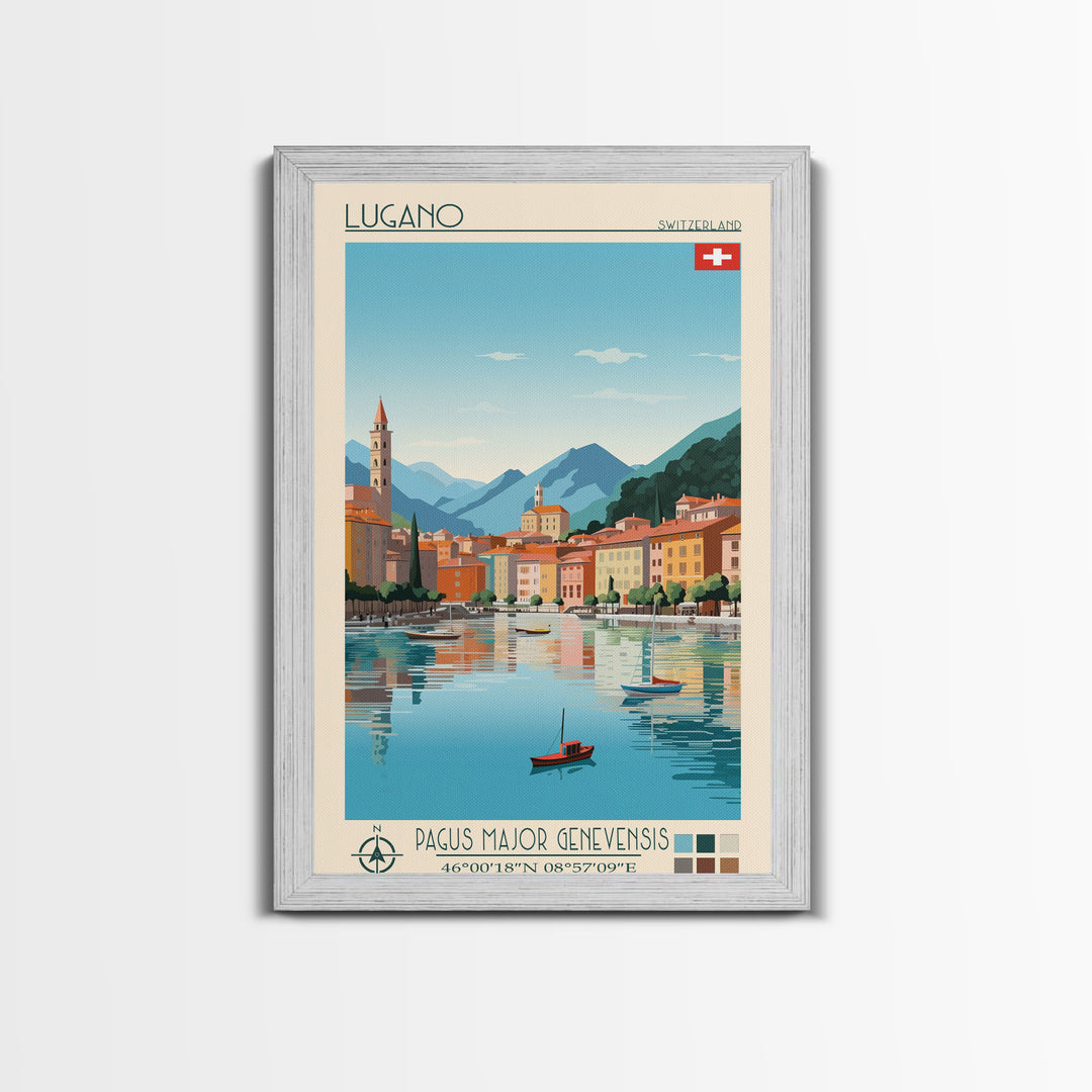 Lugano Switzerland Travel Poster Framed Canvas Print, Midcentury Modern Art, Pop Art Wall Decor, Scenic Art, Bedroom and Living Room Decor