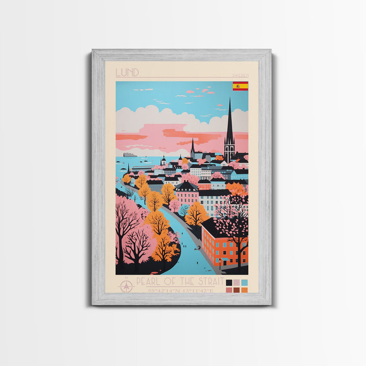 Lund Sweden Travel Poster Framed Canvas Print, Midcentury Modern Art, Pop Art Wall Decor, Scenic Art, Home and Office Decoration