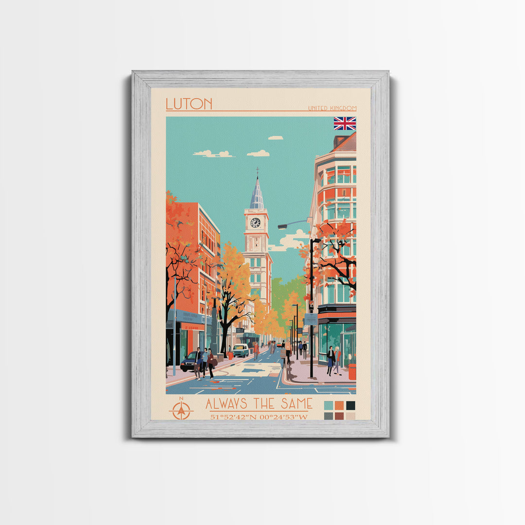 Luton United Kingdom Travel Poster Framed Canvas Print, Wall Decor, Midcentury Modern Art, Pop Art, Scenic Art for Living Room and Office
