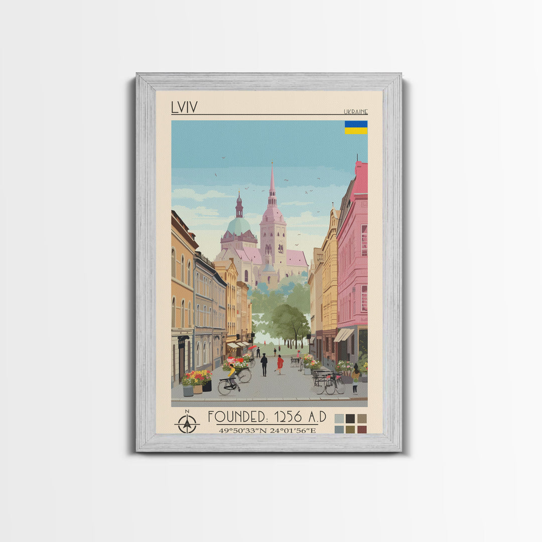 Lviv Ukraine Travel Poster Framed Canvas Print, Wall Decor, Midcentury Modern Art, Pop Art, Scenic Art for Home and Office
