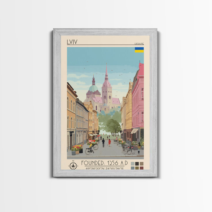 Lviv Ukraine Travel Poster Framed Canvas Print, Wall Decor, Midcentury Modern Art, Pop Art, Scenic Art for Home and Office
