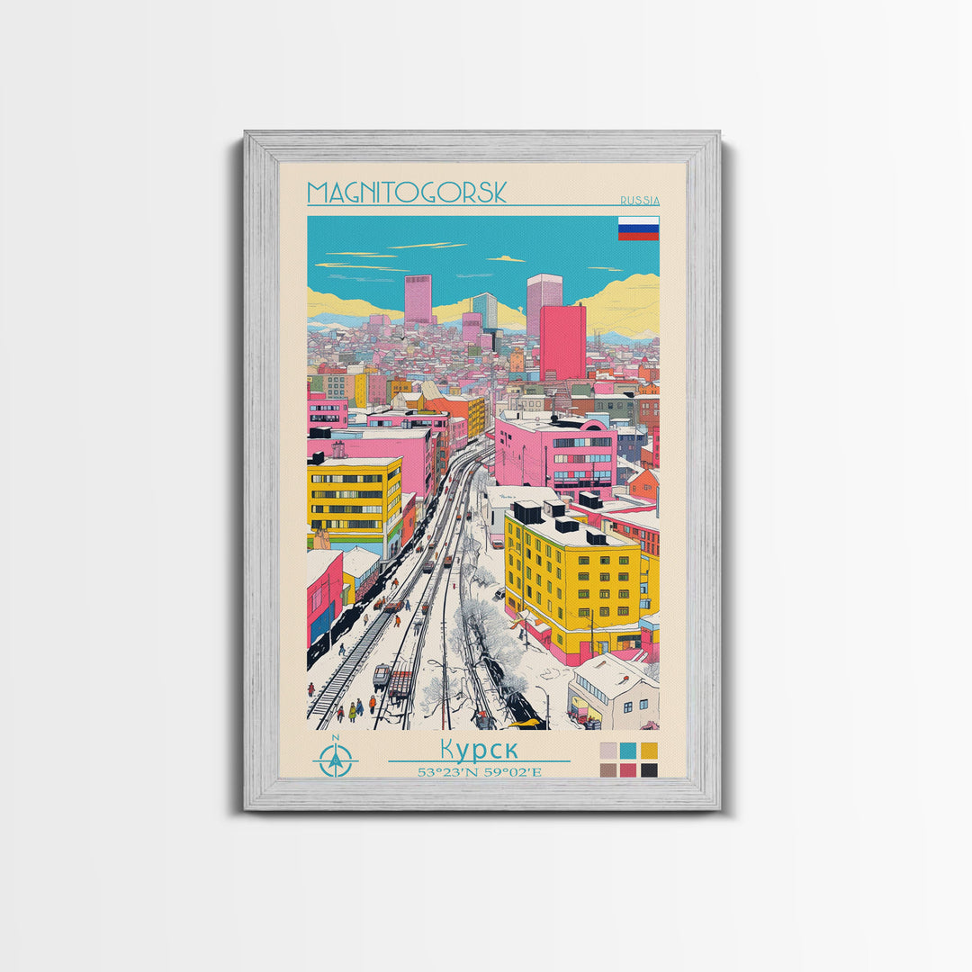 Magnitogorsk Russia Travel Poster Framed Canvas Print, Midcentury Modern Art, Pop Art Wall Decor, Scenic Living Room Art, Bedroom Gift