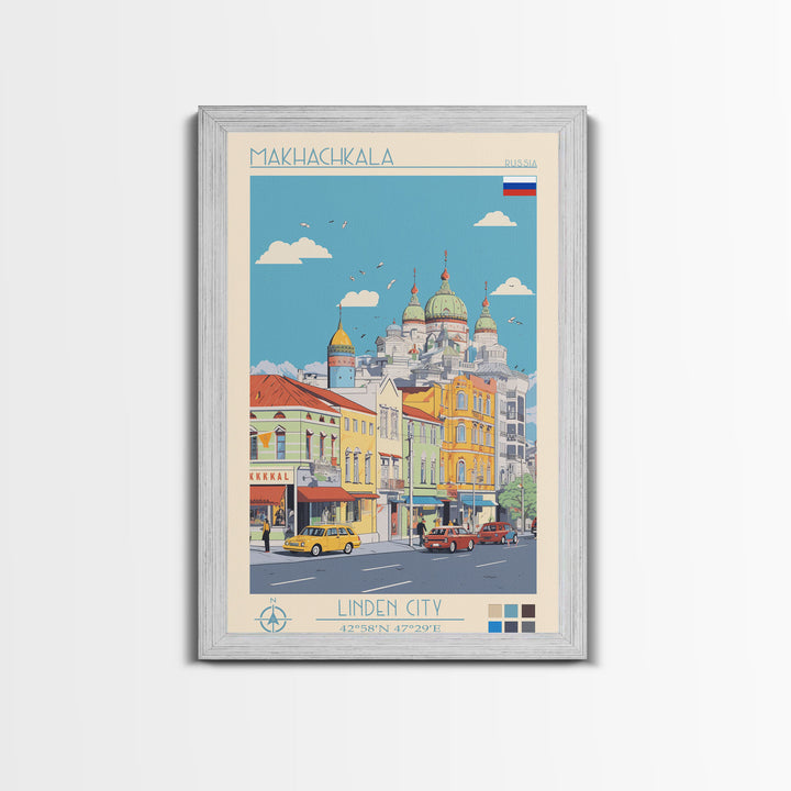 Makhachkala Russia Travel Poster Framed Canvas Print, Midcentury Modern Art, Pop Art Wall Decor, Scenic Wall Art, Living Room Decoration, Office Art