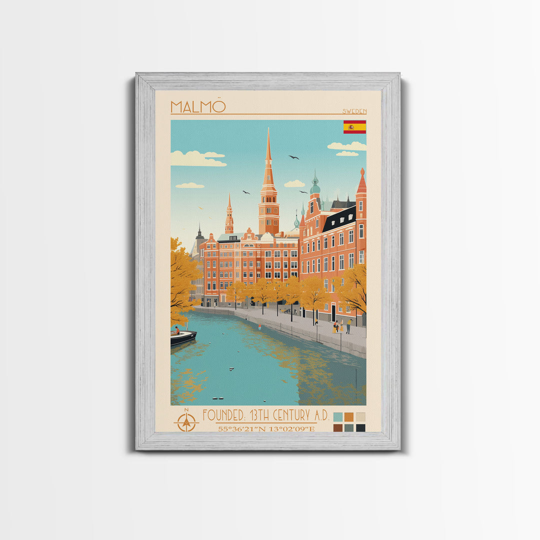 Malmö Sweden Travel Poster Framed Canvas Print, Midcentury Modern Art, Pop Art Wall Decor, Scenic Wall Art, Bedroom Decoration