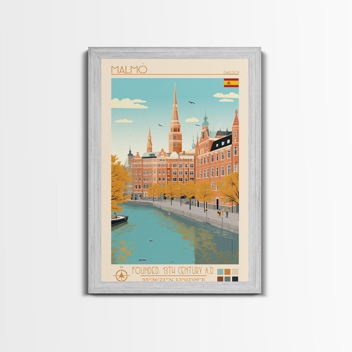 Malmö Sweden Travel Poster Framed Canvas Print, Midcentury Modern Art, Pop Art Wall Decor, Scenic Wall Art, Bedroom Decoration