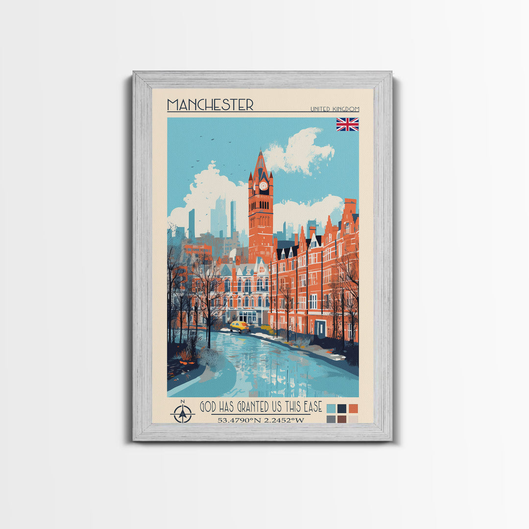 Manchester United Kingdom Travel Poster Framed Canvas Print, Midcentury Modern Art, Pop Art Wall Decor, Scenic Wall Art, Living Room Decoration, Office Art