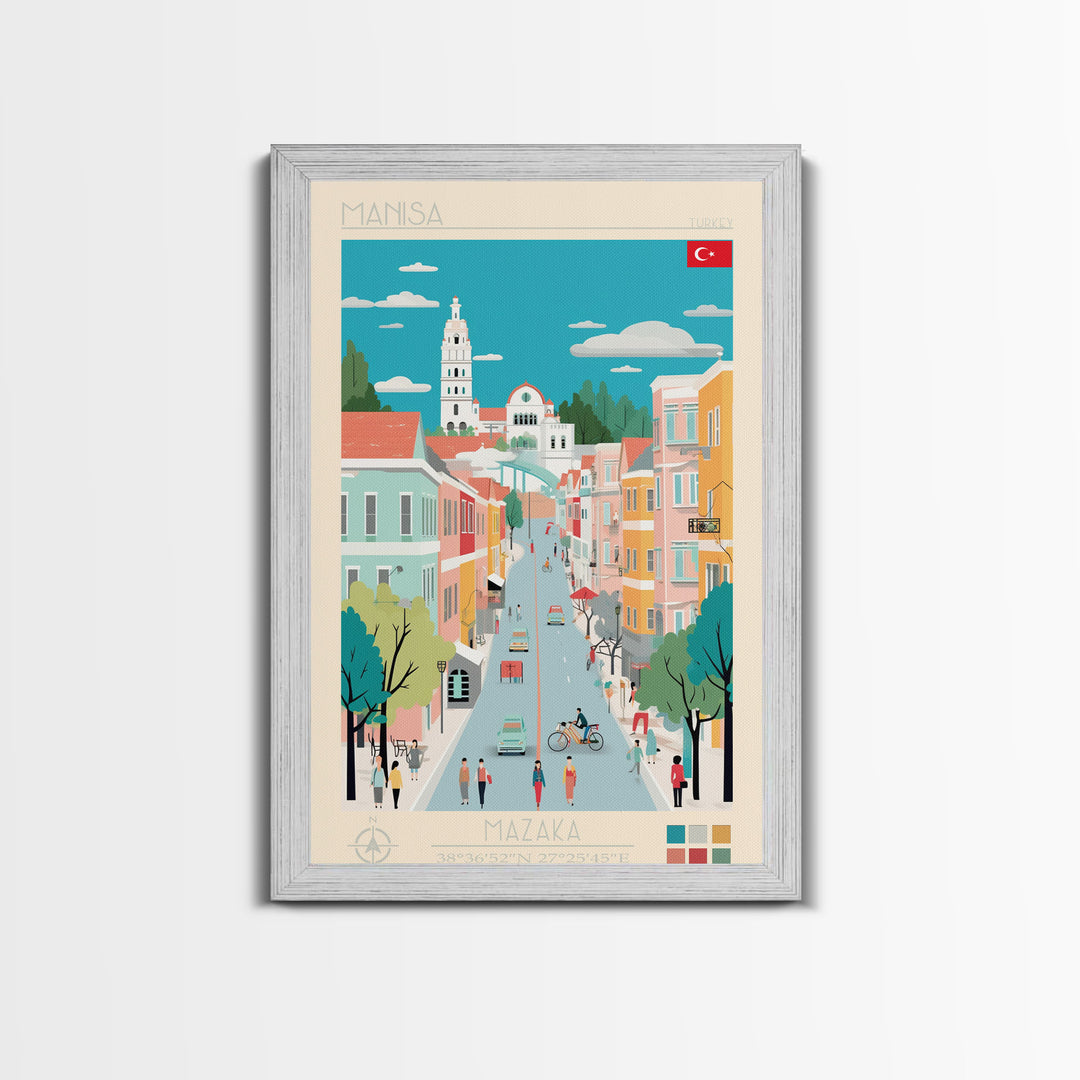 Manisa Turkey Travel Poster Framed Canvas Print, Midcentury Modern Art, Pop Art Wall Decor, Scenic Bedroom Art, Office Decoration